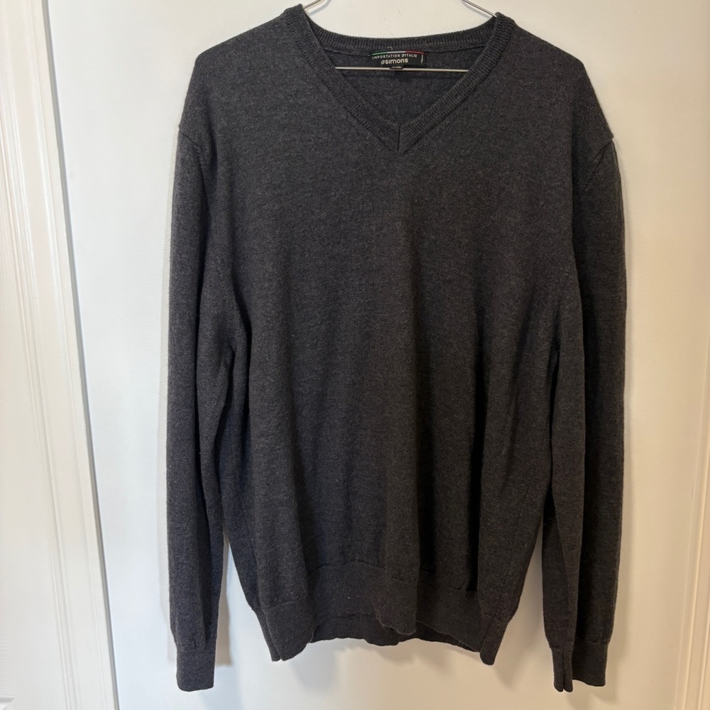 SIMONS 100% Wool V-Neck Sweater Dark Grey Size XXL Made in Italy